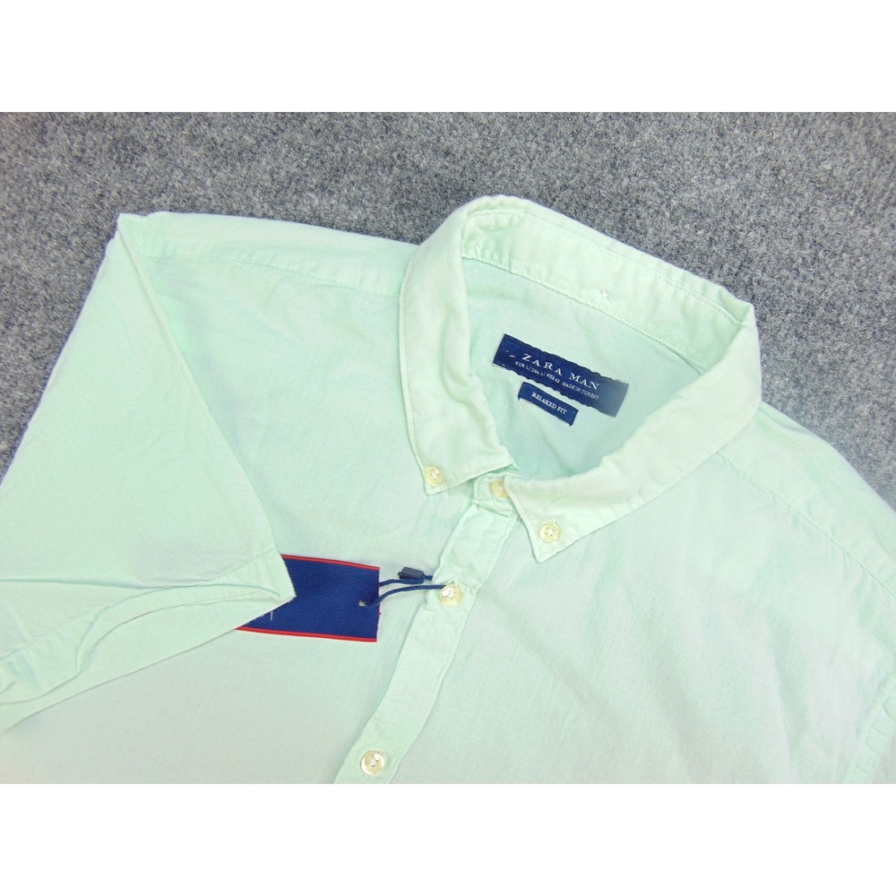 Zara Man Shirt Mens Large Relaxed Fit Mint Green Solid Voile Short Sleeve Summer
